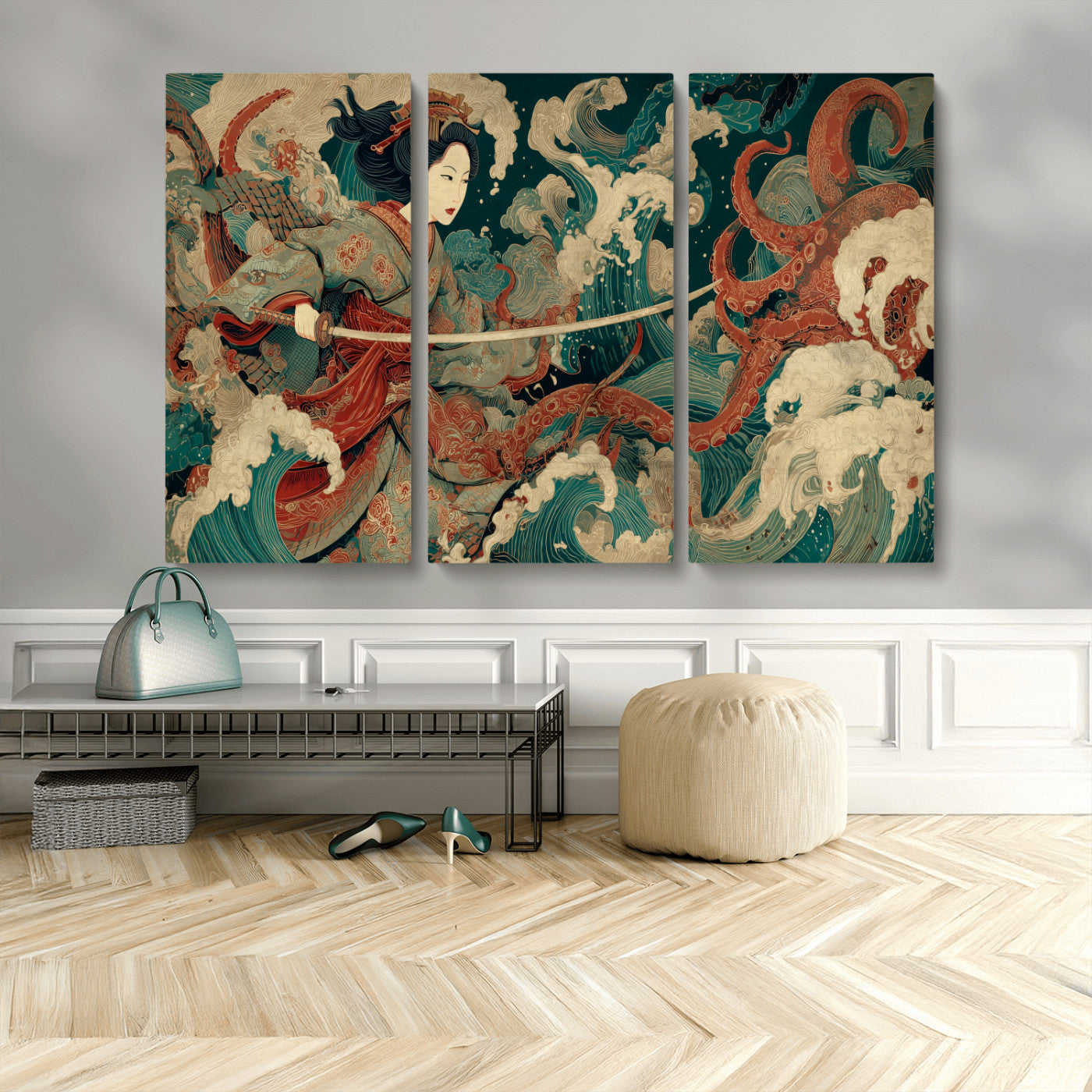 30212982-MGV-CV-36X24-Samurai Woman vs Octopus Wall Art – Japanese Ukiyo-e Style Warrior and Sea Monster Canvas Print, Mythology Inspired Artwork for