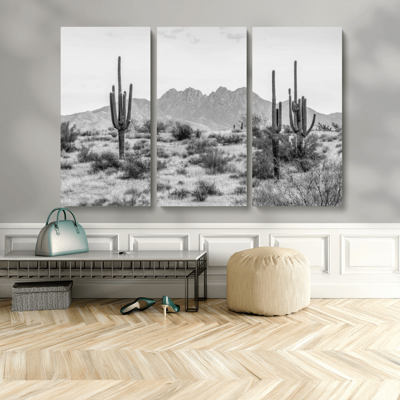 97436PHN-MGV-CV-36X24-Desert Landscape Wall Art – Black and White Cactus and Mountain Canvas Print, Southwestern Nature Photography for Living Room,
