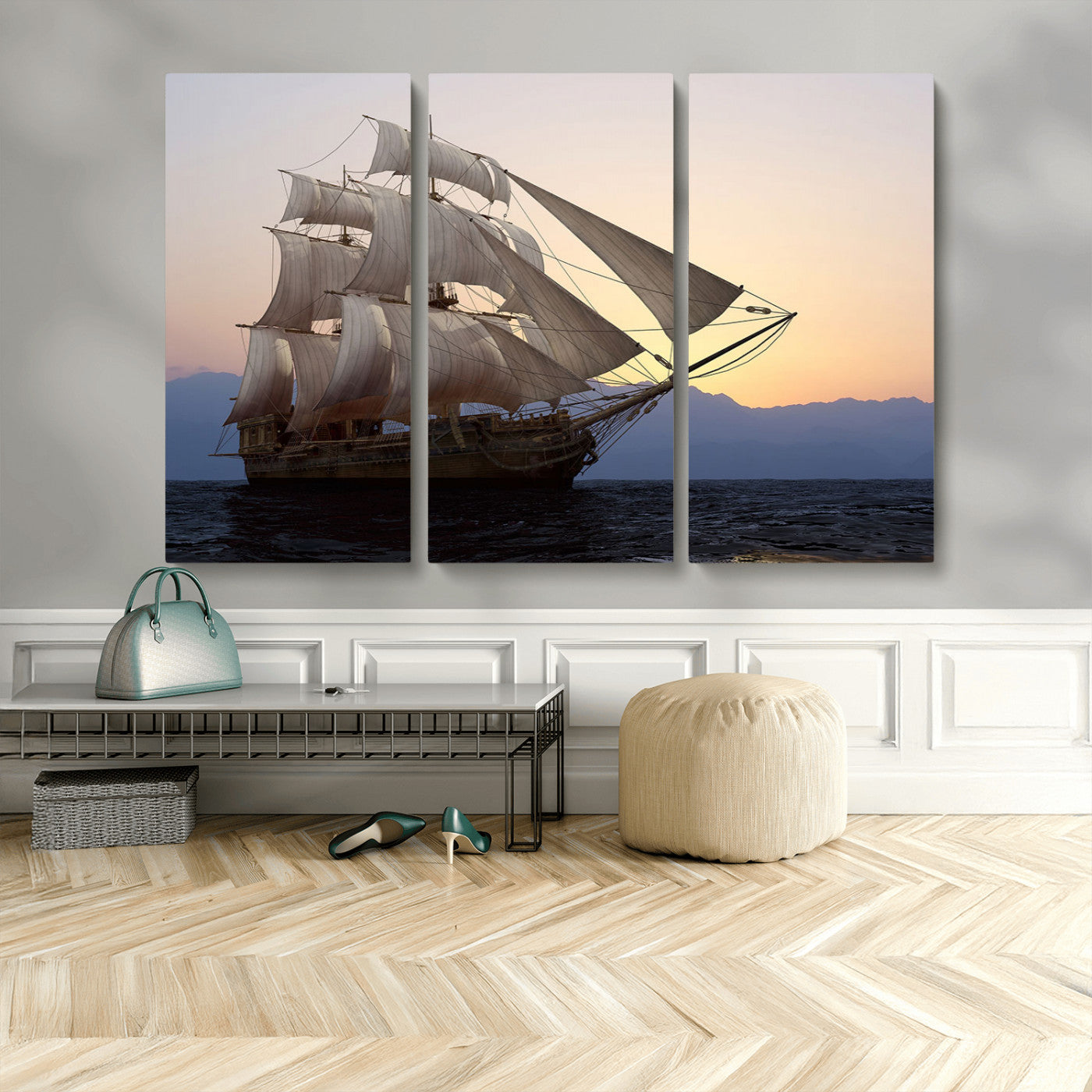 99957679-MGV-CV-48X32-3P-Majestic Sailing Ship Wall Art – Sunset Ocean Voyage, Classic Tall Ship with Wind Filled Sails Canvas Print for Home, Office,