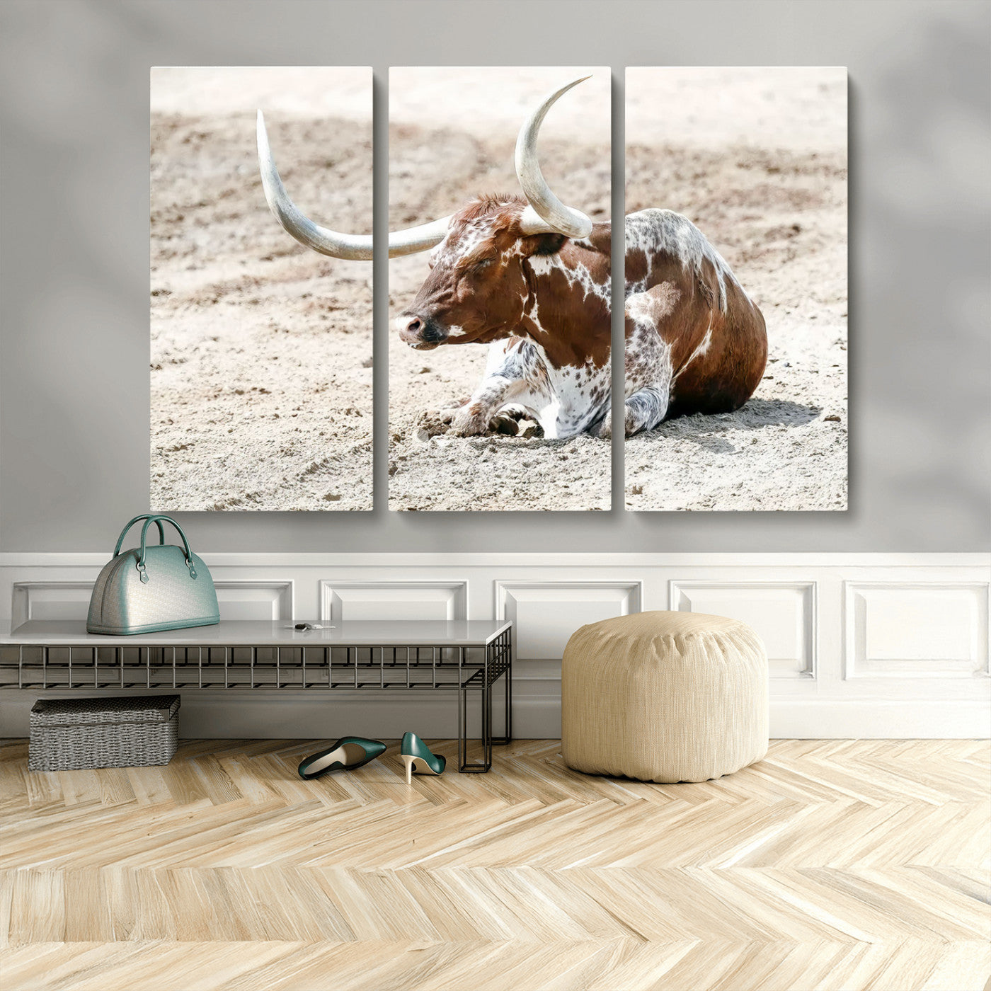 89096667-MGV-CV-48X32-3P-Texas Longhorn Wall Art – Rustic Western Canvas Print, Cattle Photography Decor for Ranch House, Living Room, Office, Man Cave