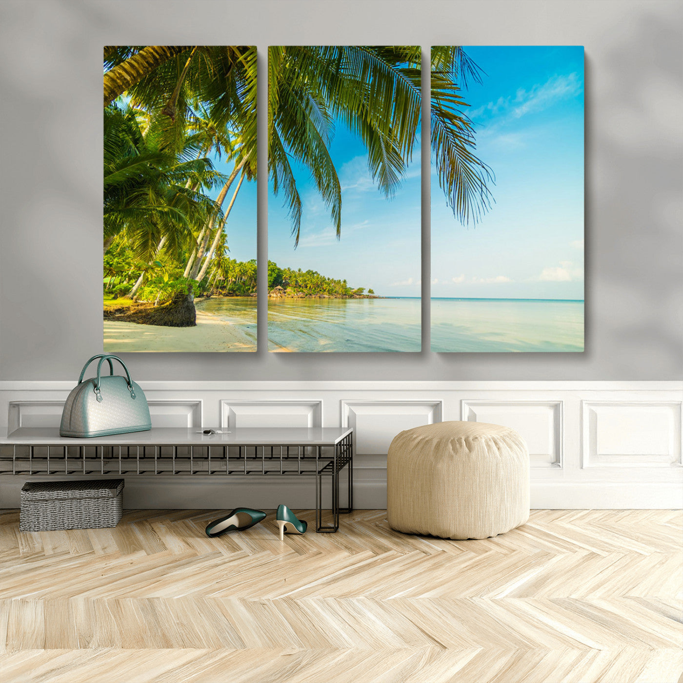 65056721-MGV-CV-48X32-3P-Tropical Beach Wall Art – Palm Tree Coastal Photography Print, Relaxing Ocean Paradise Landscape, Island Seascape Home or Office