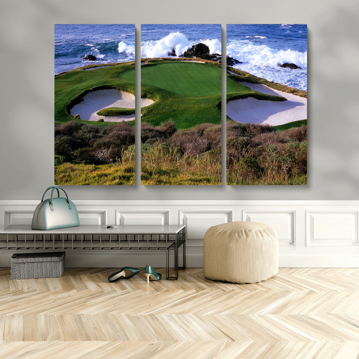 22776914-MGV-CV-48X32-3P-Golf Course Wall Art – Oceanfront Green Canvas Print, Coastal Pebble Beach Photography Sports Decor for Living Room, Office, Man