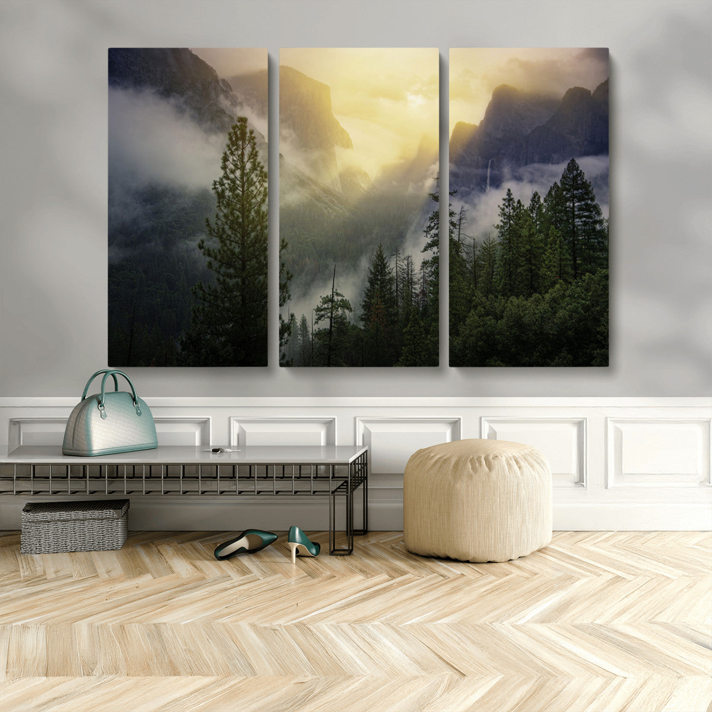 38316884-MGV-CV-48X32-3P-Landscape Wall Art – Misty Mountain Valley Canvas Print, Scenic Pine Forest and Sunrise Photography Decor for Bedroom, Living