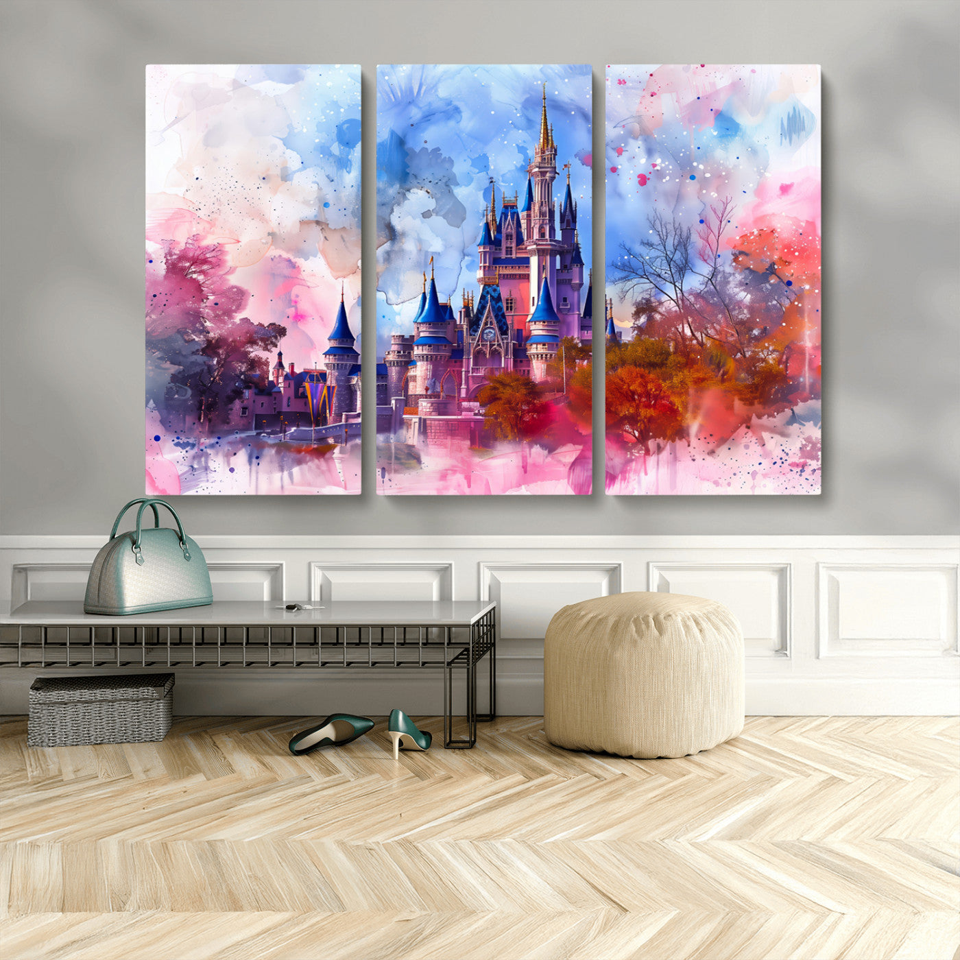 15129-MGV-CV-48X32-3P-Disney Castle Wall Art Canvas Print, Framed Cinderella Palace Art Picture Print, Fantasy Kingdom Perfect Whimsical Fairytale Decor