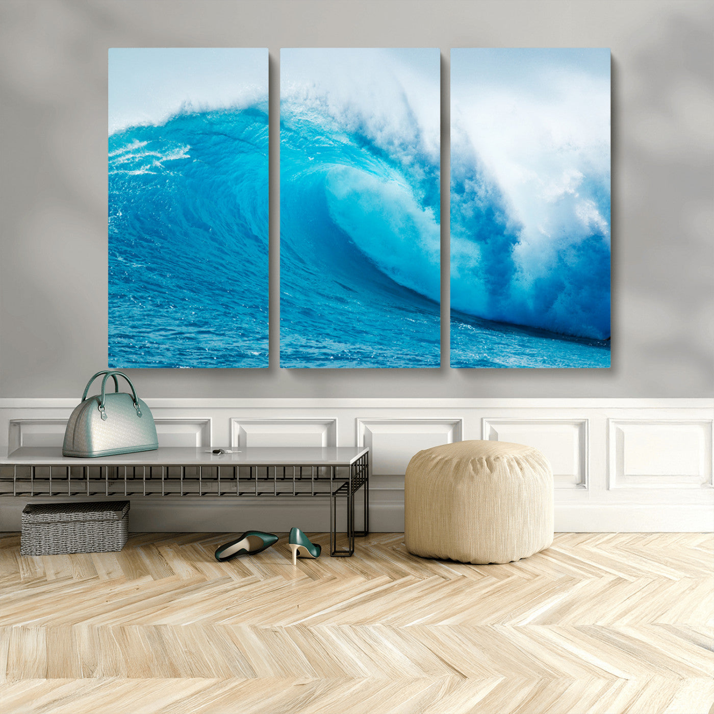 15566-MGV-CV-48X32-3P-Ocean Wave Wall Art Canvas Print, Framed Curling Wave Art Picture Print, Vibrant Surf Wave Perfect Coastal Surf Decor Artwork