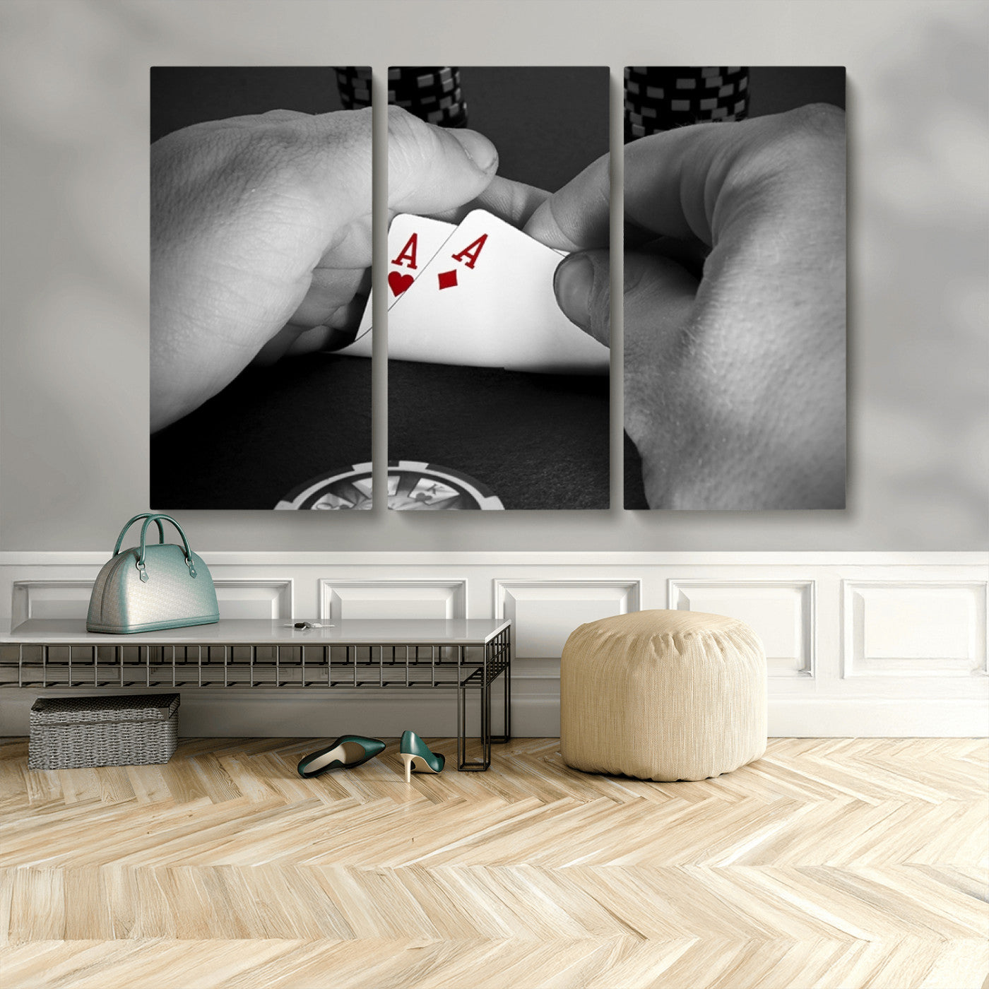 62460-MGV-CV-36X24-Poker Game Wall Art – Close Up of Hands Holding Aces with Chips, Casino Style Decor for Game Room, Man Cave or Office