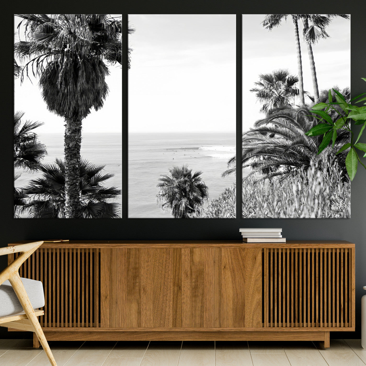 89458520-MGV-CV-36X24-Palm Trees Wall Art Canvas Print, Framed Coastal View Art Picture Print, Ocean Horizon Perfect Monochrome Coast Decor Artwork