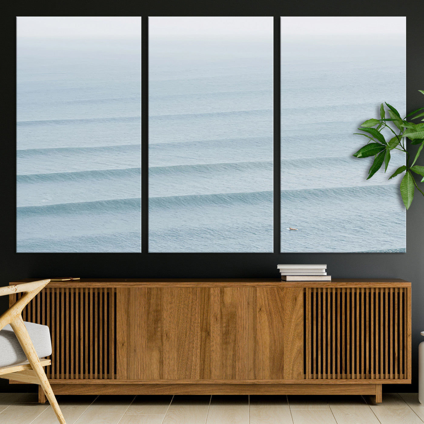 47814787-MGV-CV-36X24-Ocean Waves Wall Art Canvas Print, Framed Solo Surfer Art Picture Print, Wave Lines Perfect Minimalist Ocean Decor Artwork