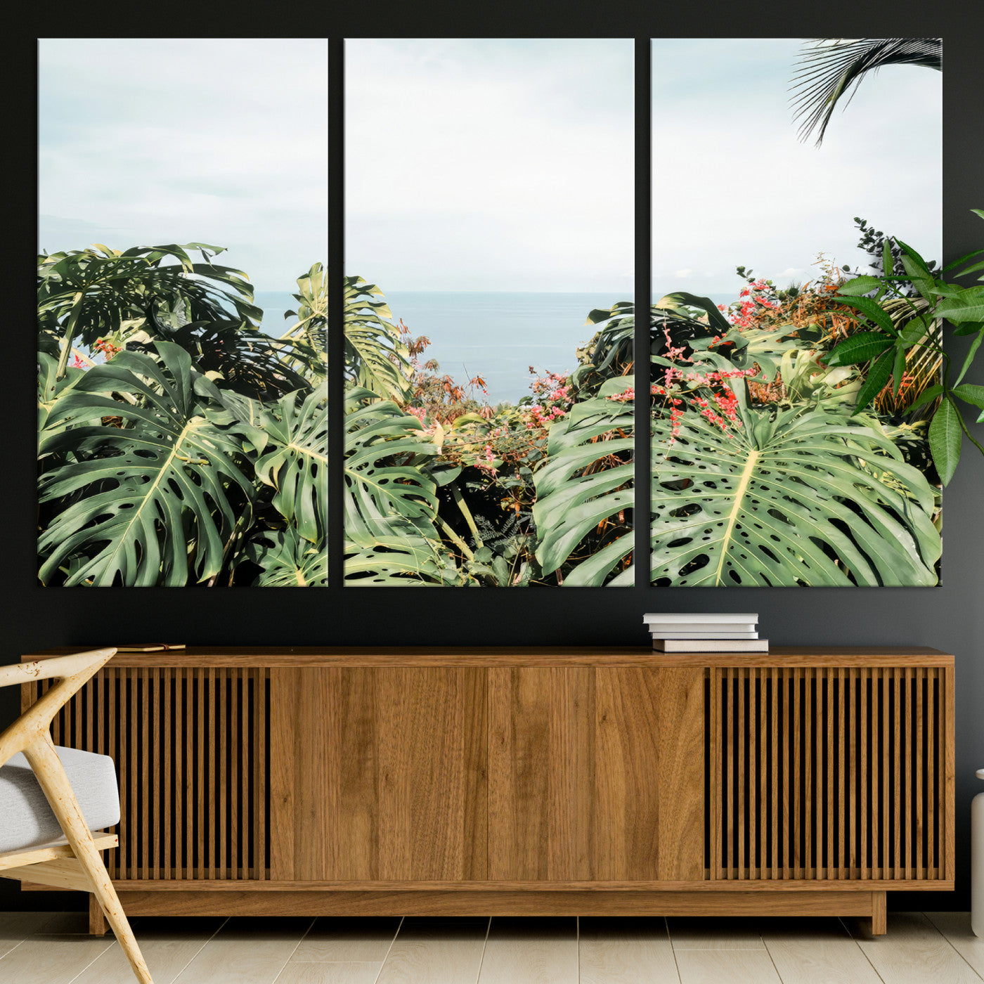 45700479-MGV-CV-36X24-Monstera Leaves Wall Art Canvas Print, Framed Tropical Ocean Art Picture Print, Tropical Foliage Perfect Tropical Coastal Jungle