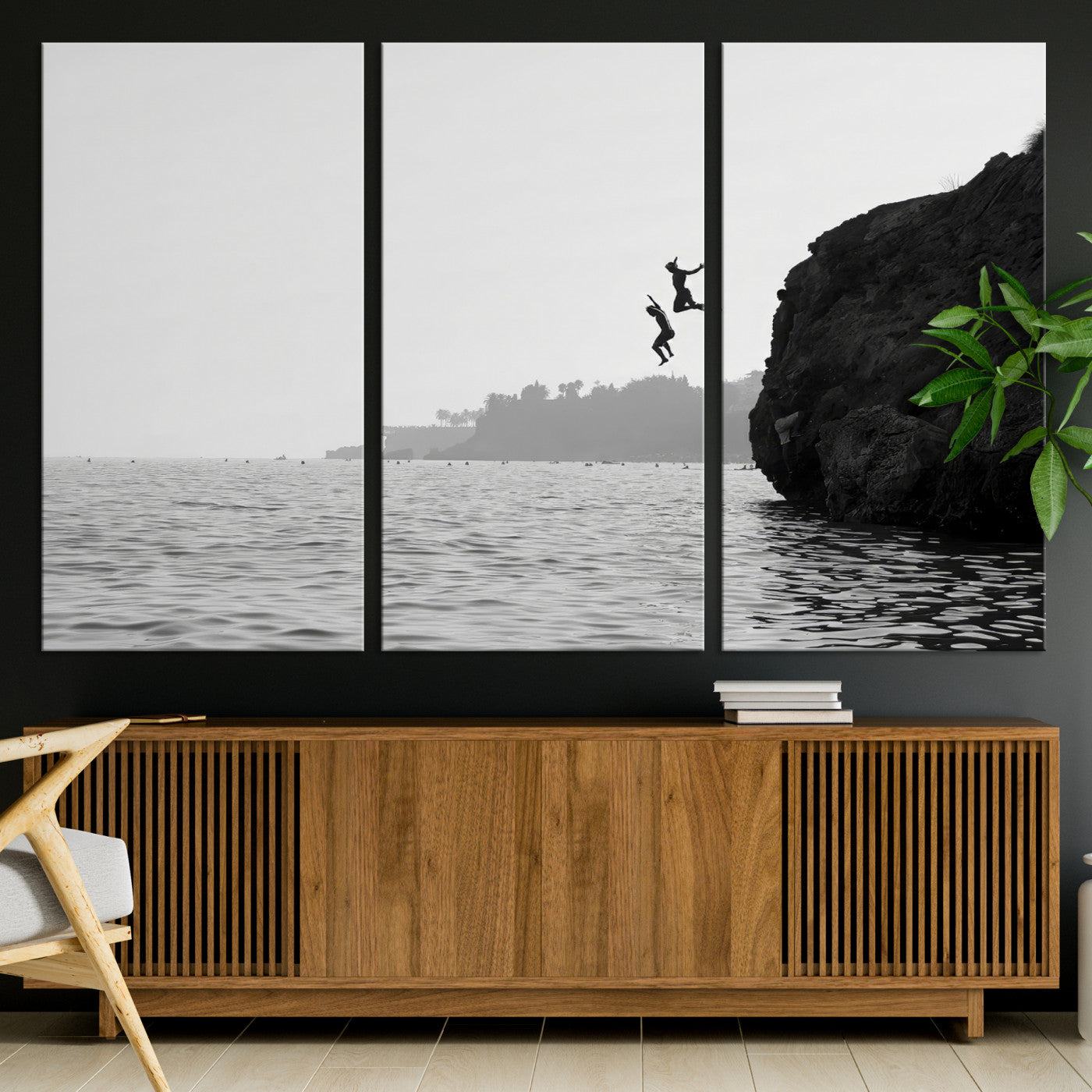 52284302-MGV-CV-36X24-Cliff Jumping Wall Art Canvas Print, Framed Ocean Adventure Art Picture Print, Black White Coast Perfect Modern Coastal Decor