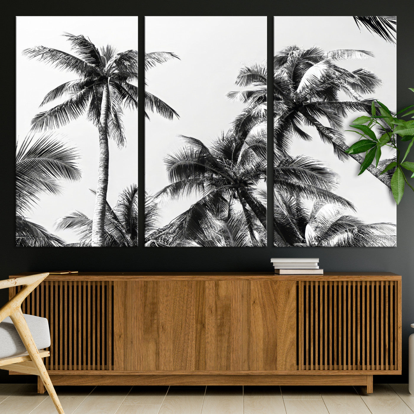 46641801-MGV-CV-36X24-Palm Tree Wall Art Canvas Print, Framed Black White Tropics Art Picture Print, Monochrome Palms Perfect Modern Tropical Minimalist