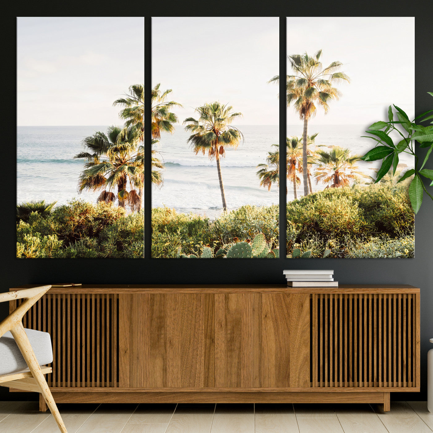 94707294-MGV-CV-36X24-California Coast Wall Art Canvas Print, Framed Palm Trees Art Picture Print, Coastal Landscape Perfect Coastal Minimalist Decor