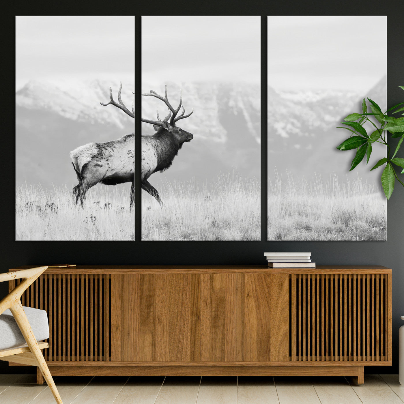 62278753-MGV-CV-36X24-Monochrome Elk Wall Art Canvas Print, Framed Mountain Wildlife Art Picture Print, Rustic Nature Perfect Rustic Minimalist Decor