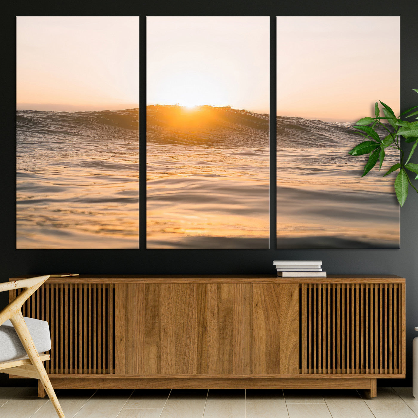 16973771-MGV-CV-36X24-Calm Water Wall Art Canvas Print, Framed Sunset Waves Art Picture Print, Coastal Warmth Perfect Warm Minimalist Decor Artwork