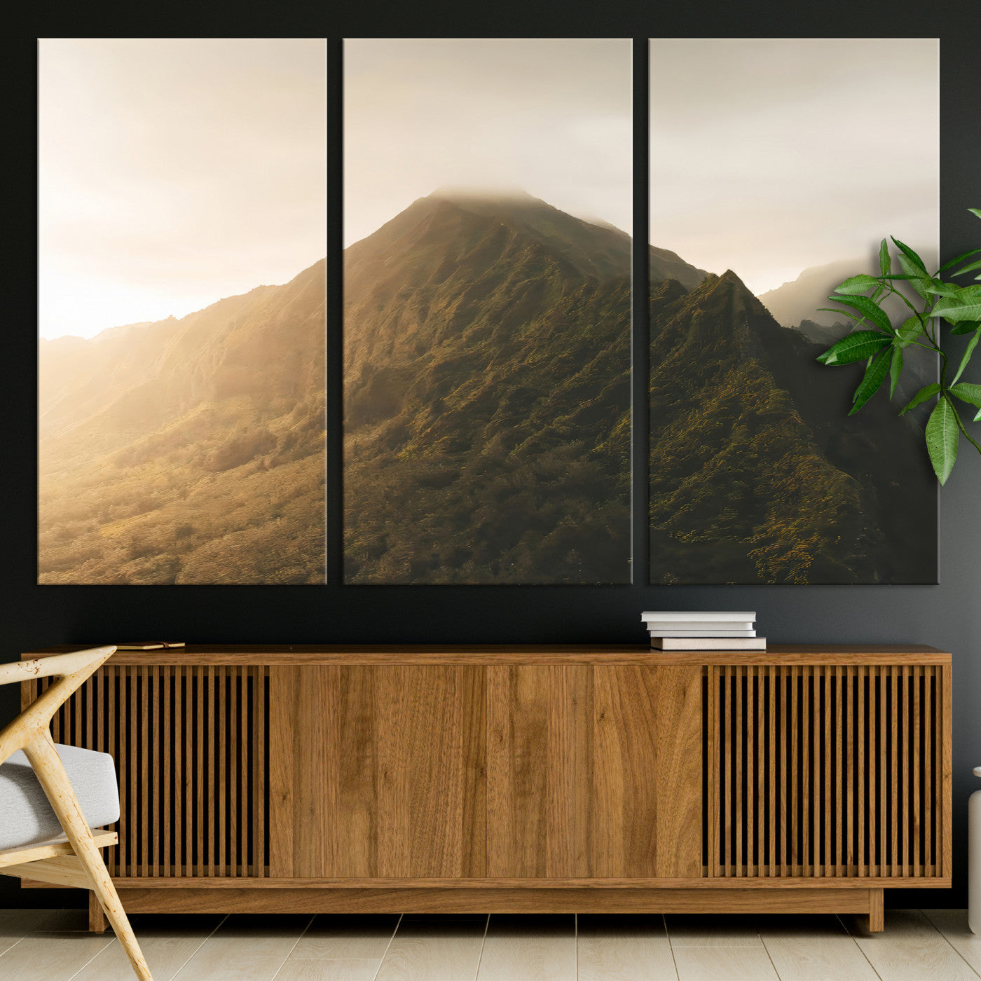 42338636-MGV-CV-36X24-Golden Mountain Wall Art Canvas Print, Framed Misty Summit Art Picture Print, Rugged Landscape Perfect Moody Wilderness Decor