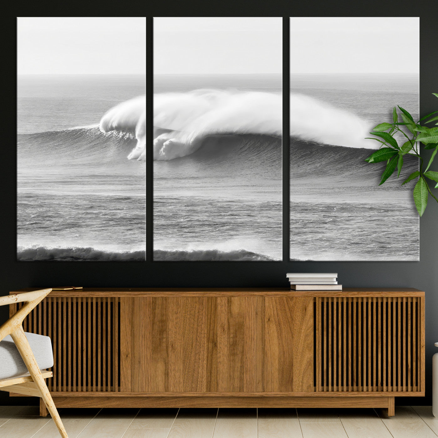 42544082-MGV-CV-36X24-Monochrome Seascape Wall Art Canvas Print, Framed Surf Wave Art Picture Print, Minimalist Ocean Perfect Moody Coastal Decor