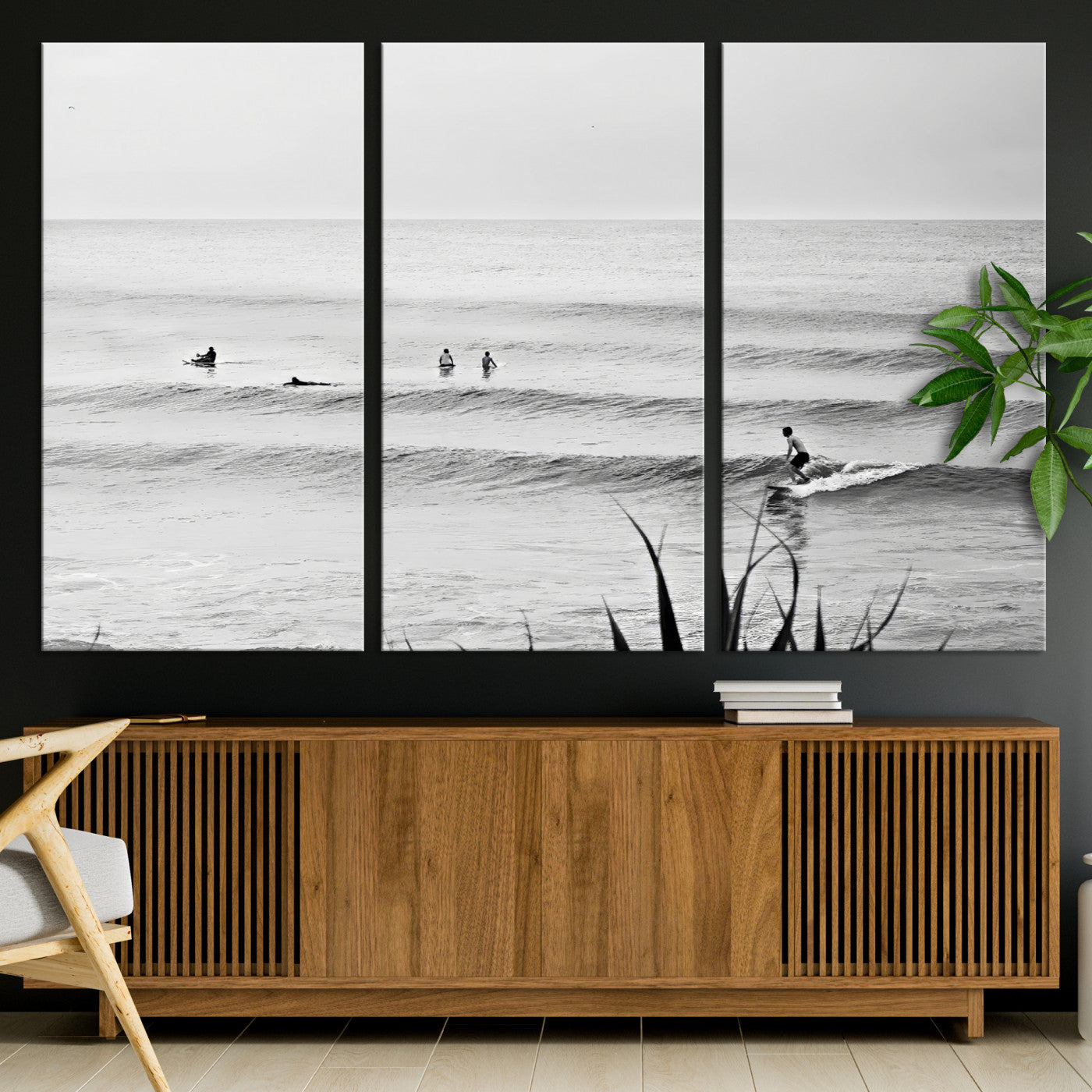 33821421-MGV-CV-36X24-Surfer Silhouette Wall Art Canvas Print, Framed Calm Ocean Art Picture Print, Monochrome Surf Perfect Minimalist Coastal Decor