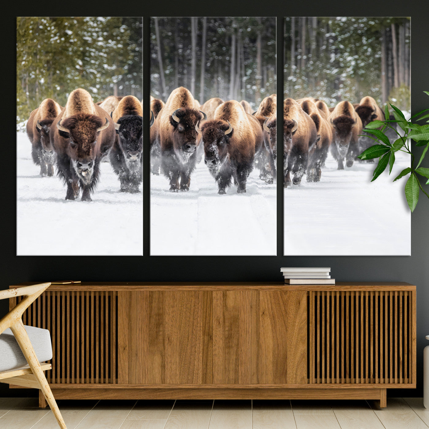 22695857-MGV-CV-36X24-Bison Herd Scene Wall Art Canvas Print, Framed Western Wildlife Art Picture Print, Rustic Animal Art Perfect Rustic Lodge Decor