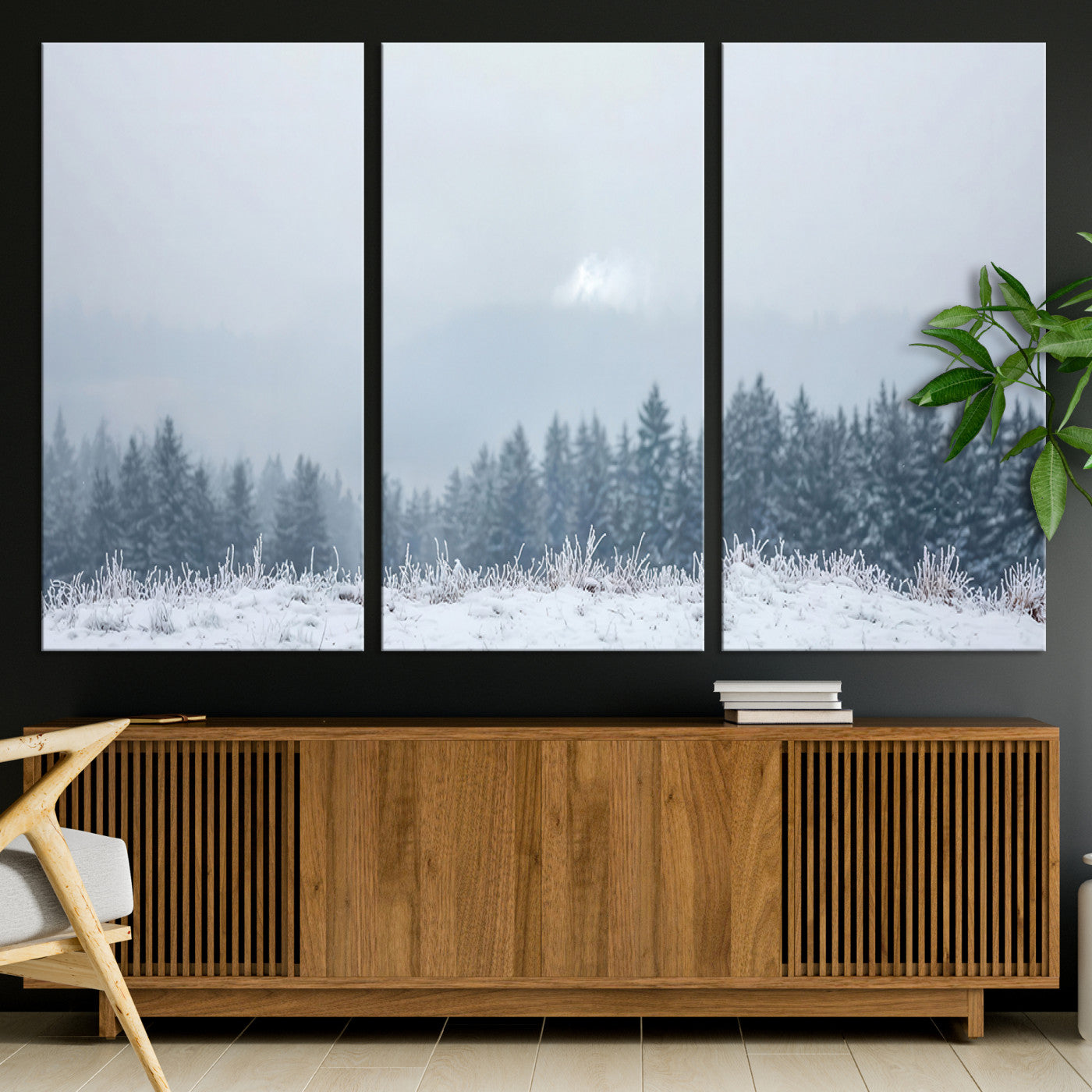 33033082-MGV-CV-36X24-Winter Forest Art Wall Art Canvas Print, Framed Snowy Landscape Art Picture Print, Misty Tree Scene Perfect Nordic Minimalist