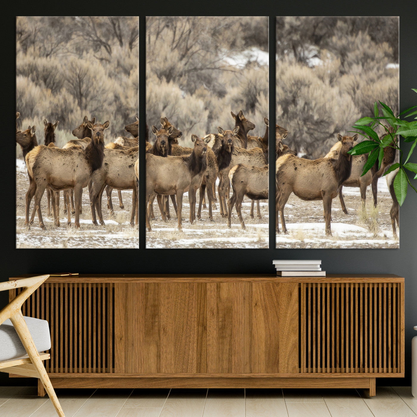 90269422-MGV-CV-36X24-Elk Herd Scene Wall Art Canvas Print, Framed Rustic Wildlife Decor Art Picture Print, Western Cabin Style Perfect Rustic Lodge