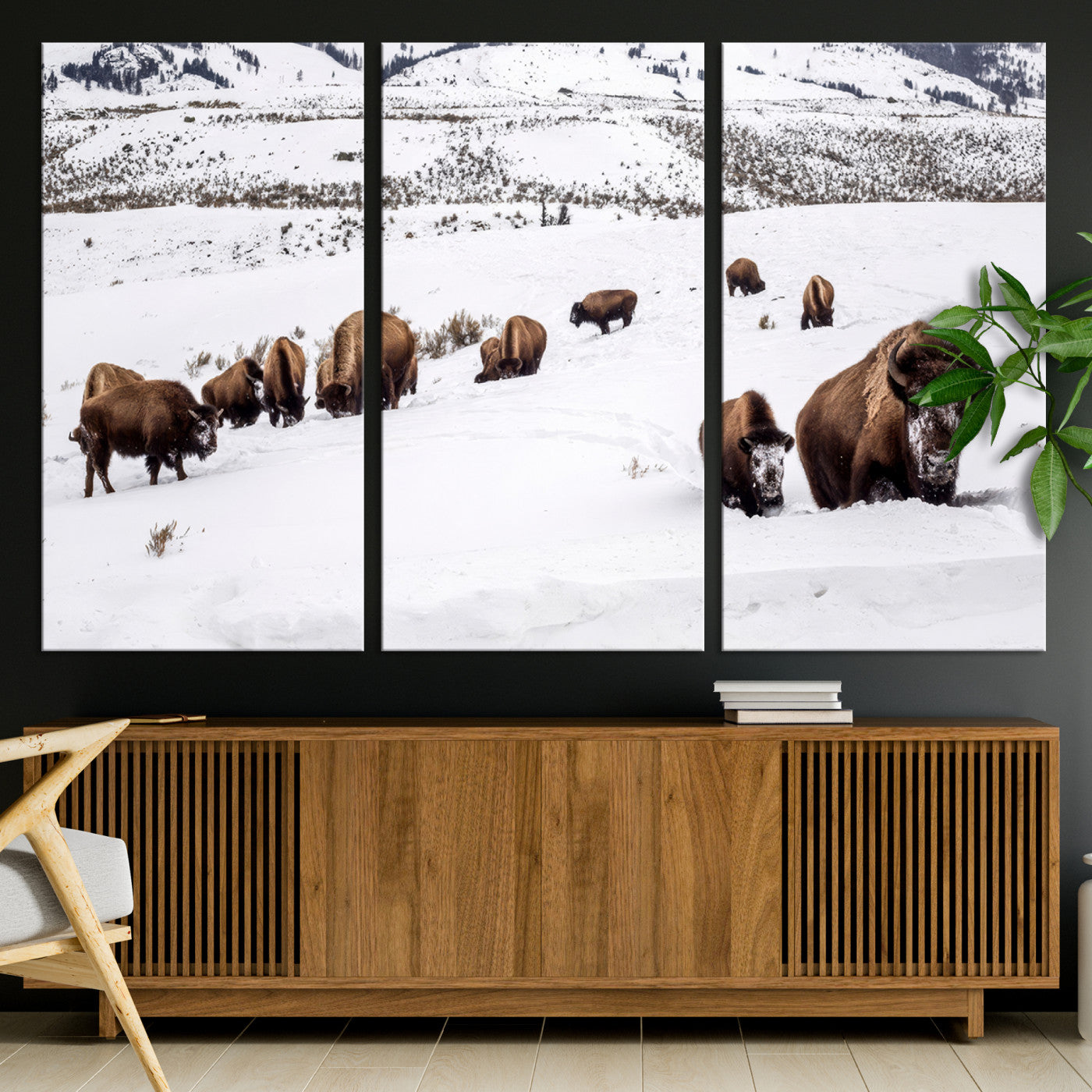 13891210-MGV-CV-36X24-Bison Herd Scene Wall Art Canvas Print, Framed Western Wildlife Decor Art Picture Print, Snowy Mountain Valley Perfect Rustic