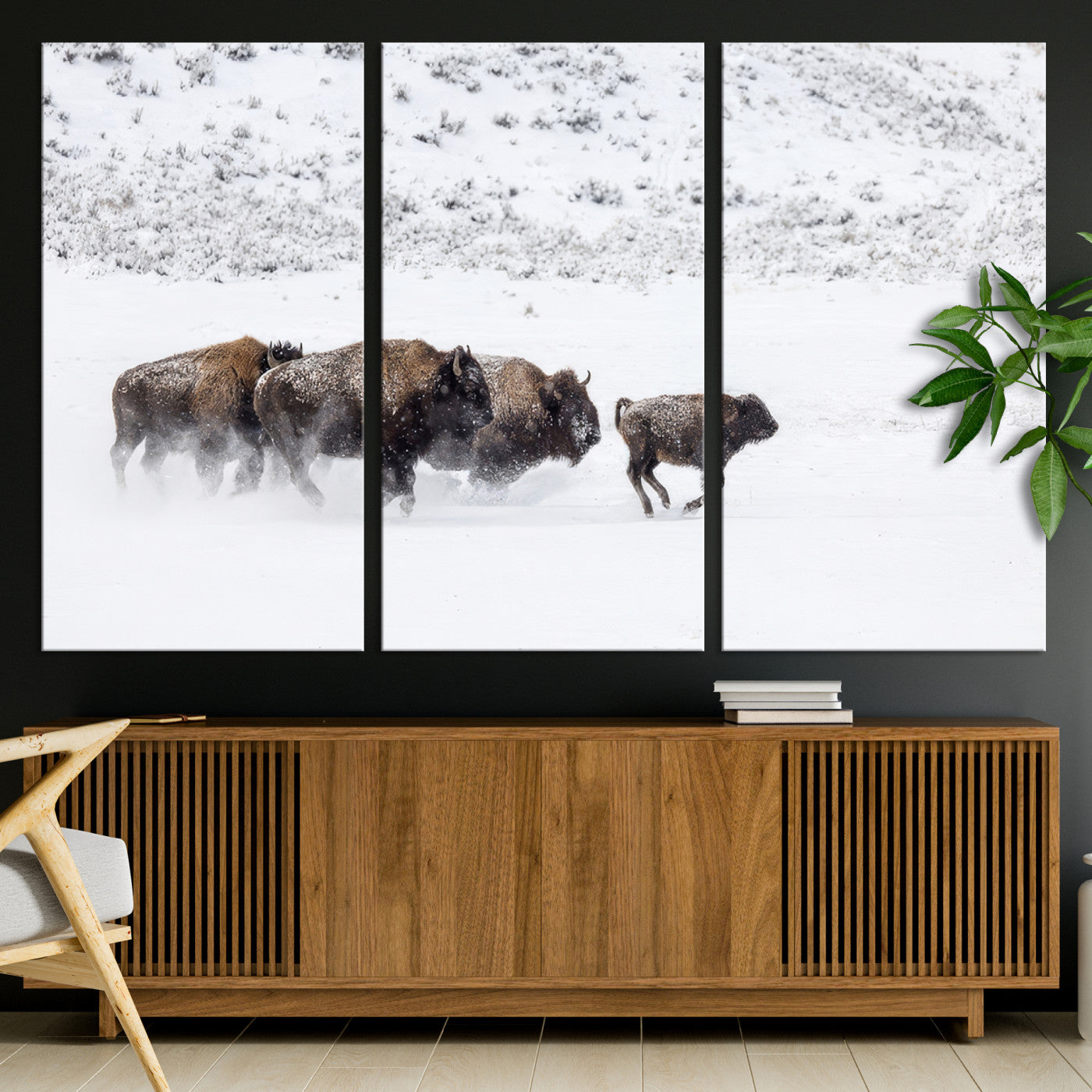 56216945-MGV-CV-36X24-Bison Herd Decor Wall Art Canvas Print, Framed Snowy Bison Scene Art Picture Print, Winter Wildlife Theme Perfect Rustic Western