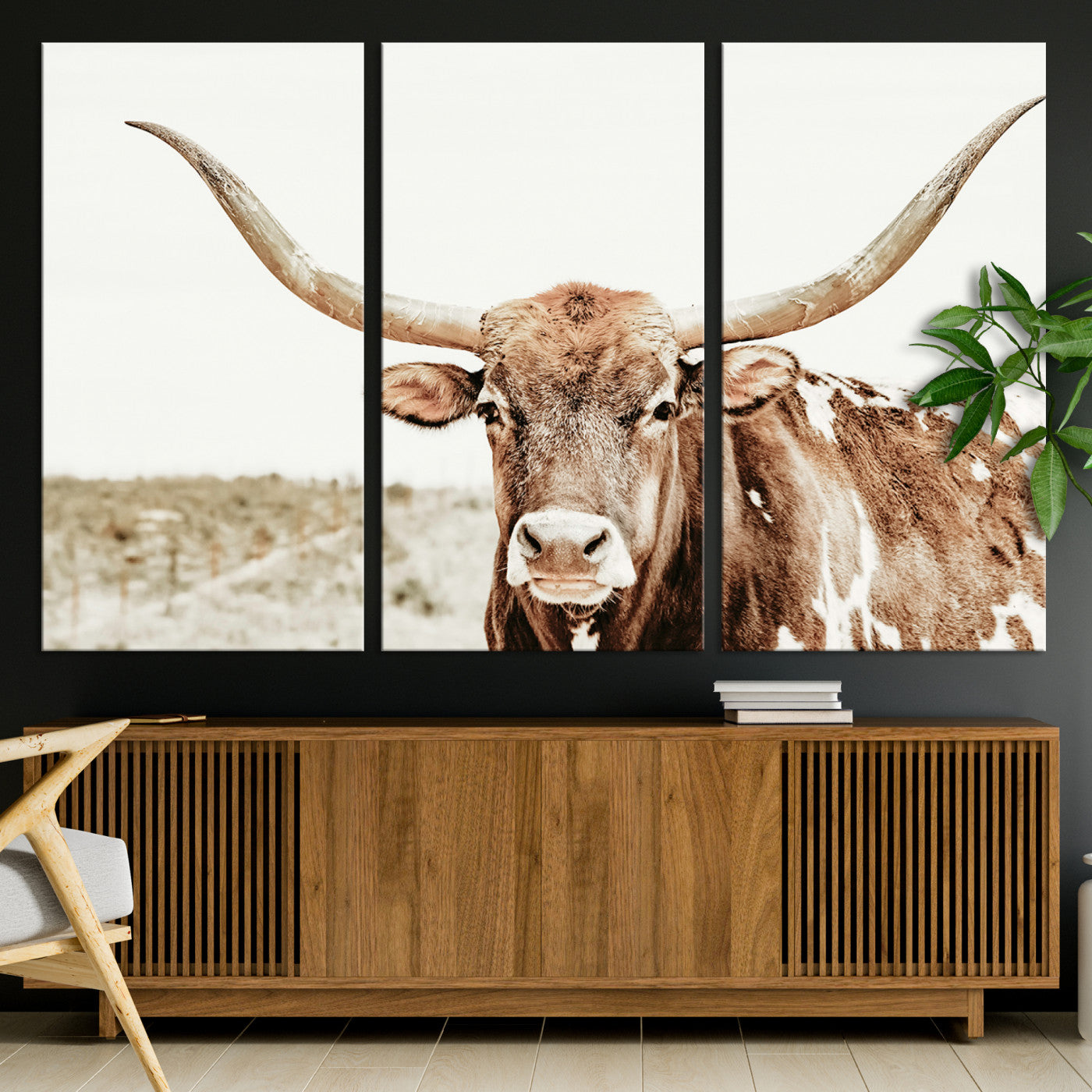 98924580-MGV-CV-36X24-Texas Longhorn Bull Wall Art Canvas Print, Framed Rustic Farmhouse Decor Art Picture Print, Western Animal Theme Perfect Rustic