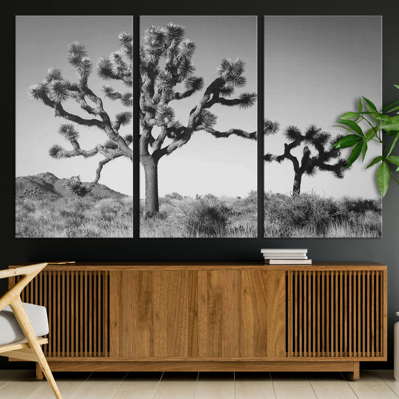 93692513-MGV-CV-36X24-Joshua Tree Wall Art Canvas Print, Framed Monochrome Desert Art Picture Print, Minimalist Nature Scene Perfect Southwestern