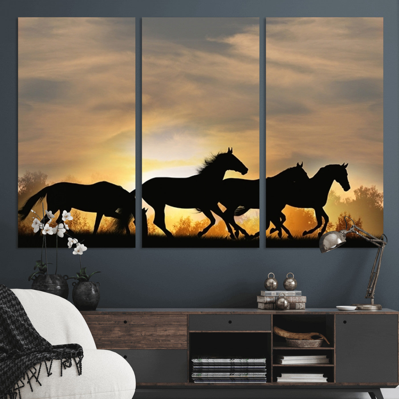 16620-MGV-CV-36X24-Sunset Stallions Wall Art – Silhouetted Horses Running Canvas Print, Nature’s Rhythm, Perfect for Living Room, Office, or Man Cave