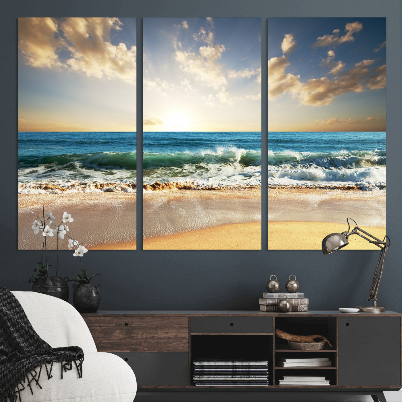 13139-MGV-CV-36X24-Sunrise Beach Wall Art – Ocean Waves and Golden Sand Canvas Print, Coastal Home Decor for Living Room, Bedroom, or Office