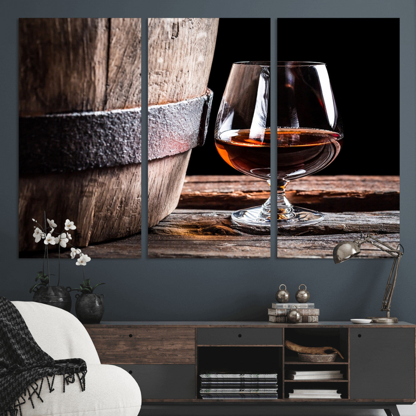 50839-MGV-CV-36X24-Barrel & Brandy Wall Art – Rustic Whiskey Barrel and Brandy Glass Canvas Print, Elegant Home Bar or Lounge Decor for Office, Man