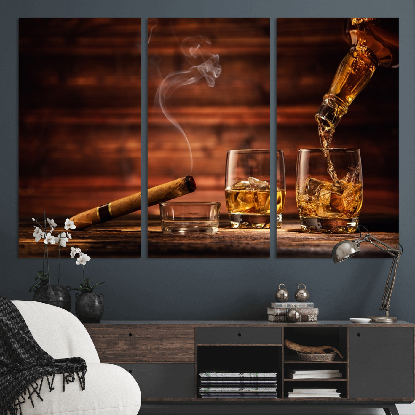 91042-MGV-CV-36X24-Whiskey & Cigar Wall Art – Elegant Whiskey Pour and Smoldering Cigar Canvas Print, Sophisticated Bar or Lounge Decor for Home,