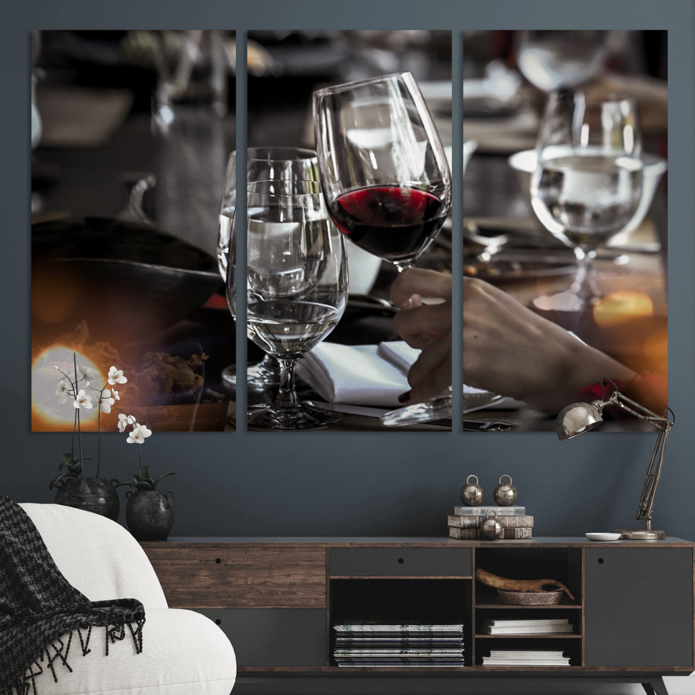 75513-MGV-CV-36X24-Elegant Wine Toast Wall Art – Close-Up Red Wine Glass at Dinner Table Canvas Print, Sophisticated Dining Room or Bar Decor