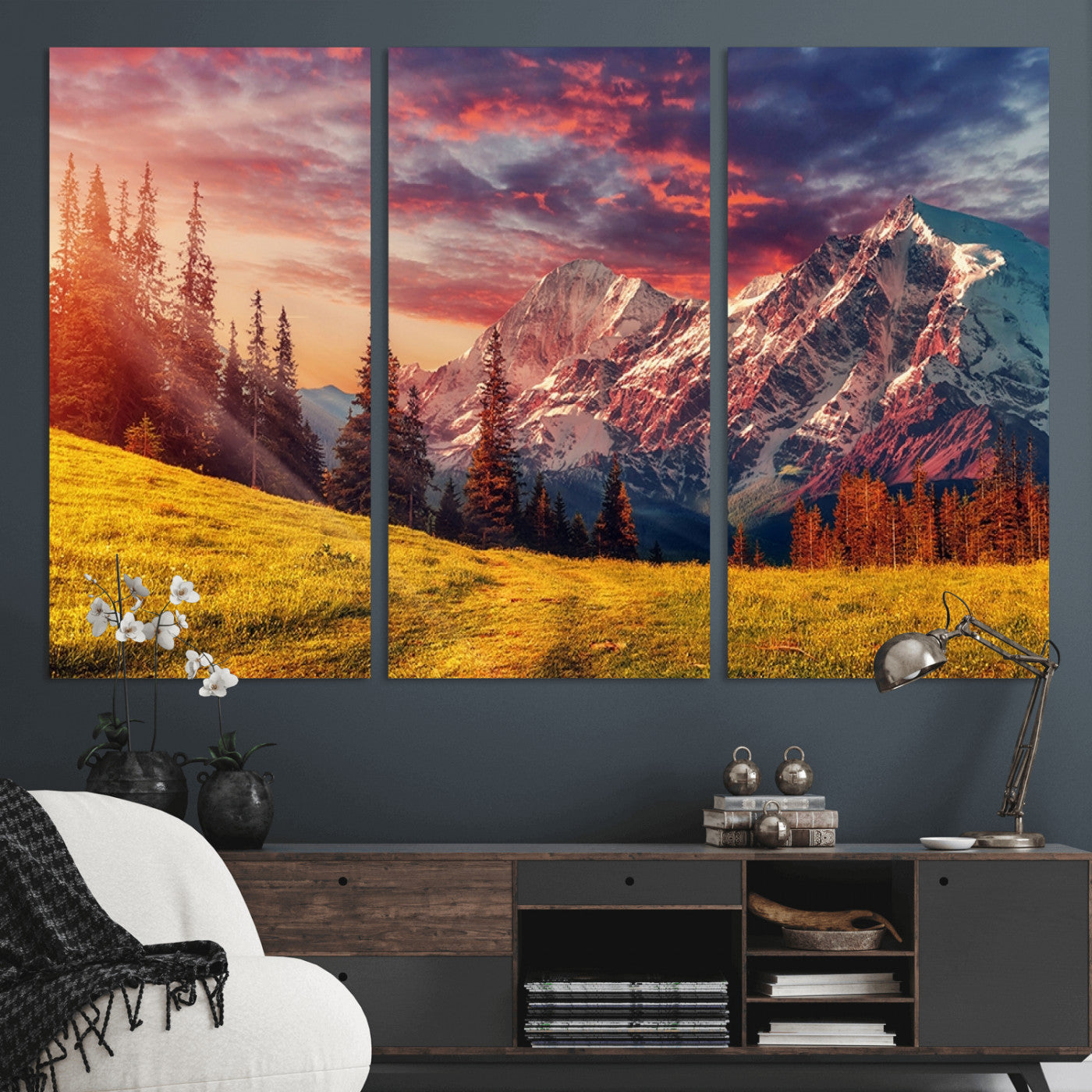 83947-MGV-CV-36X24-Sunset Mountain Landscape Wall Art – Panoramic Alpine Meadow and Snow Capped Peaks Canvas Print, Nature Scenic Decor for Home,