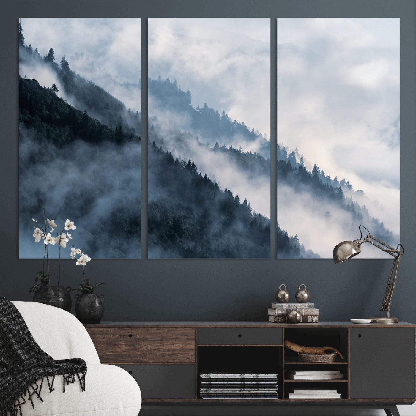 85737-MGV-CV-36X24-Misty Mountain Wall Art – Atmospheric Pine Forest Canvas Print with Fog and Mist, Calm Nature Decor for Living Room, Bedroom,