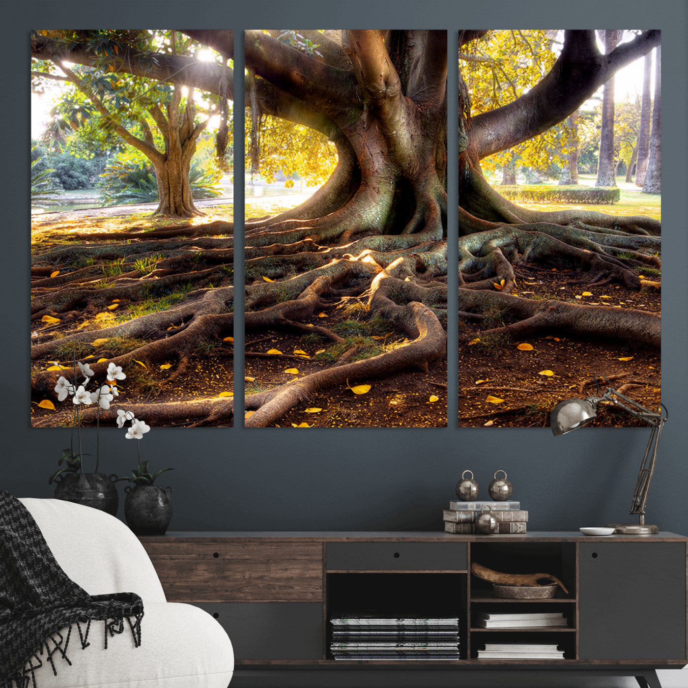 53335-MGV-CV-36X24-Majestic Tree with Sprawling Roots Wall Art – Serene Sunlit Park Scene, Nature Canvas Print, Perfect for Living Room, Office or