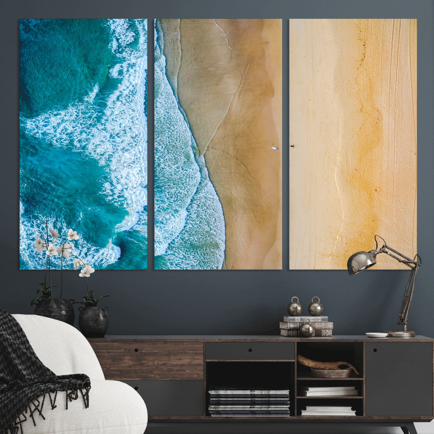 46640-MGV-CV-36X24-Aerial Beach Wall Art – Turquoise Waves and Golden Sand Canvas Print with Lone Surfer, Coastal Ocean Decor for Living Room,
