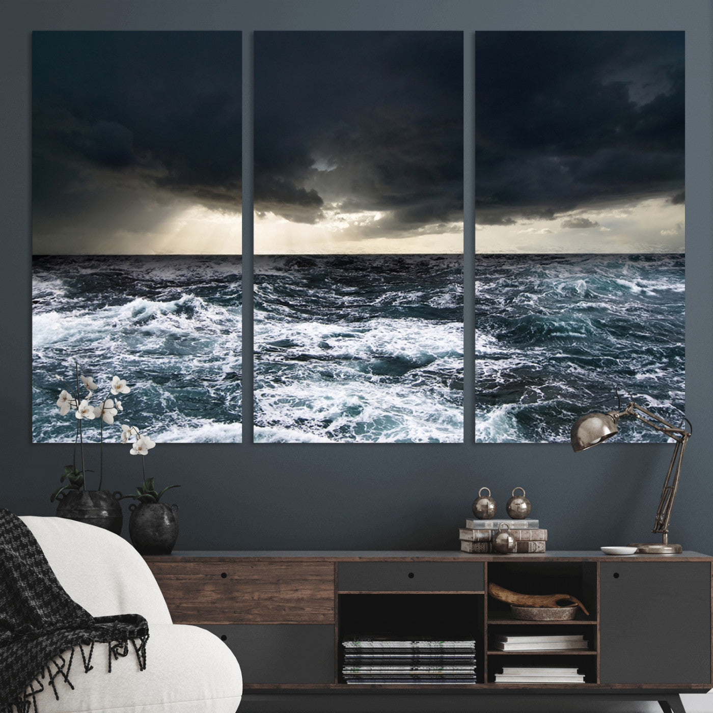 42607-MGV-CV-36X24-Stormy Ocean Wall Art – Dramatic Sea and Sky Canvas Print with Sun Rays, Moody Nature Decor for Living Room, Office, Bedroom or
