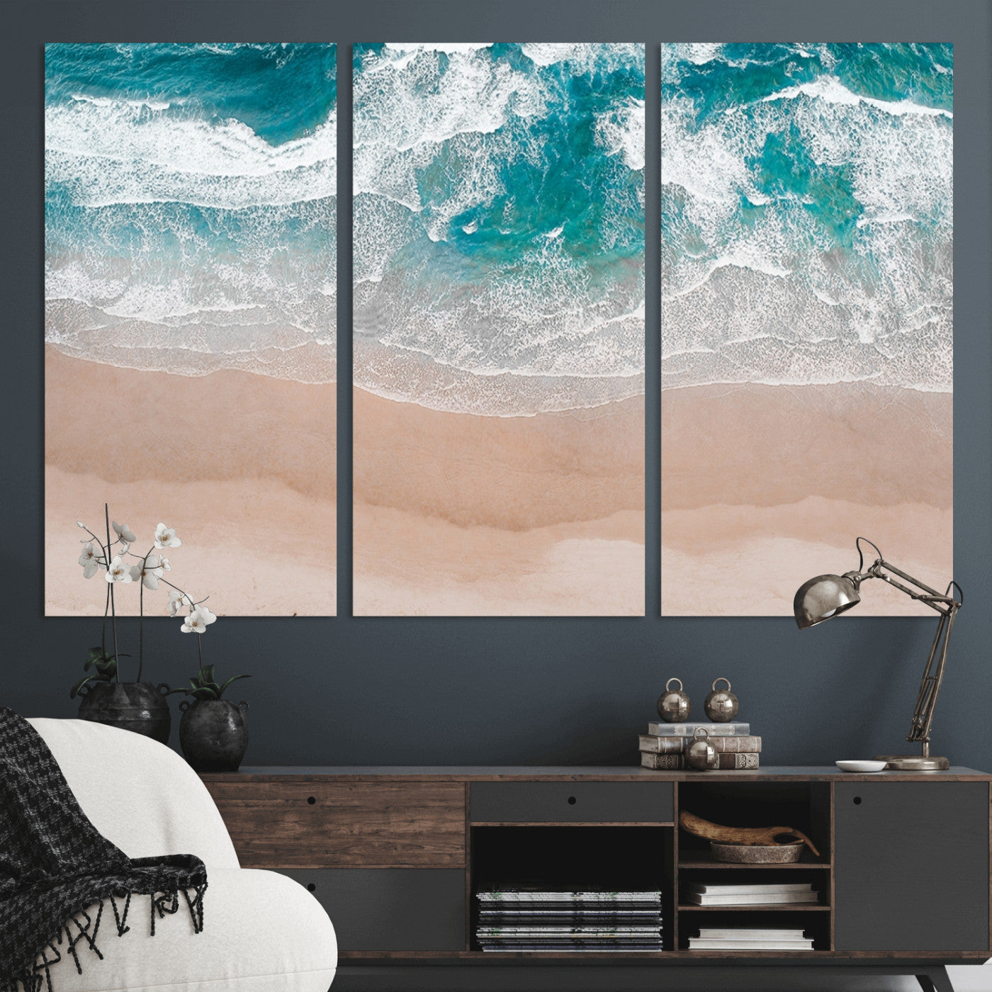 39236-MGV-CV-48X32-3P-Ocean Beach Wall Art – Aerial View of Waves and Sand Canvas Print, Coastal Home Decor for Living Room, Bedroom, Office or Beach