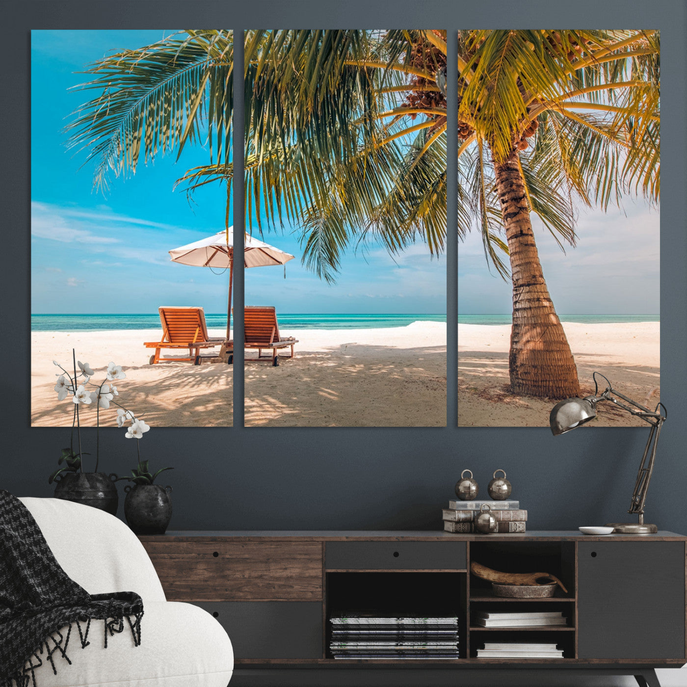 69754-MGV-CV-36X24-Tropical Beach Wall Art – Relaxing Palm Tree and Lounge Chairs Canvas Print, Serene Coastal Decor for Living Room, Bedroom, Office