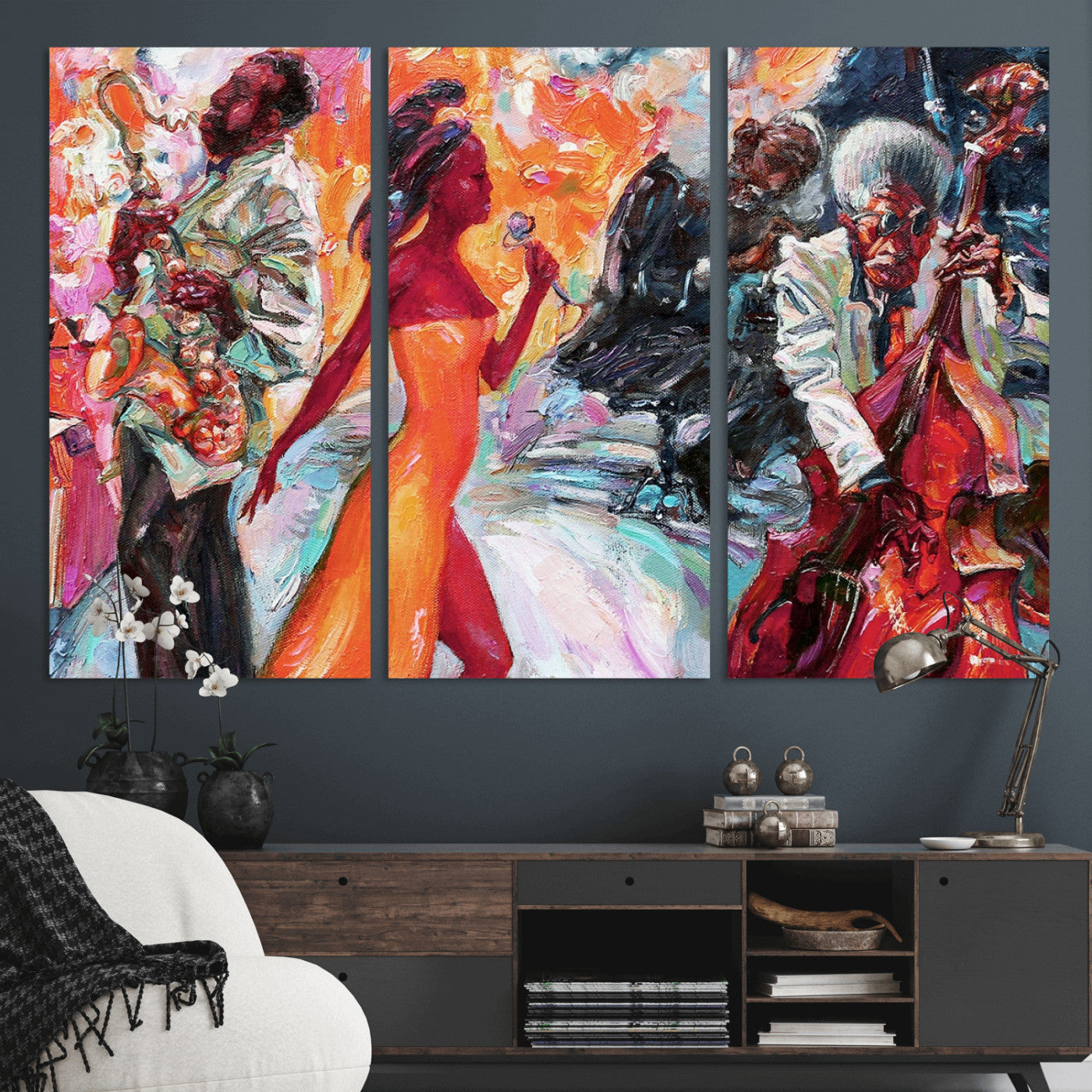 24452-MGV-CV-36X24-Vibrant Jazz Musician Painting - Expressive Art Print of Live Jazz Band, Perfect Wall Decor for Music Lovers and Art Enthusiasts