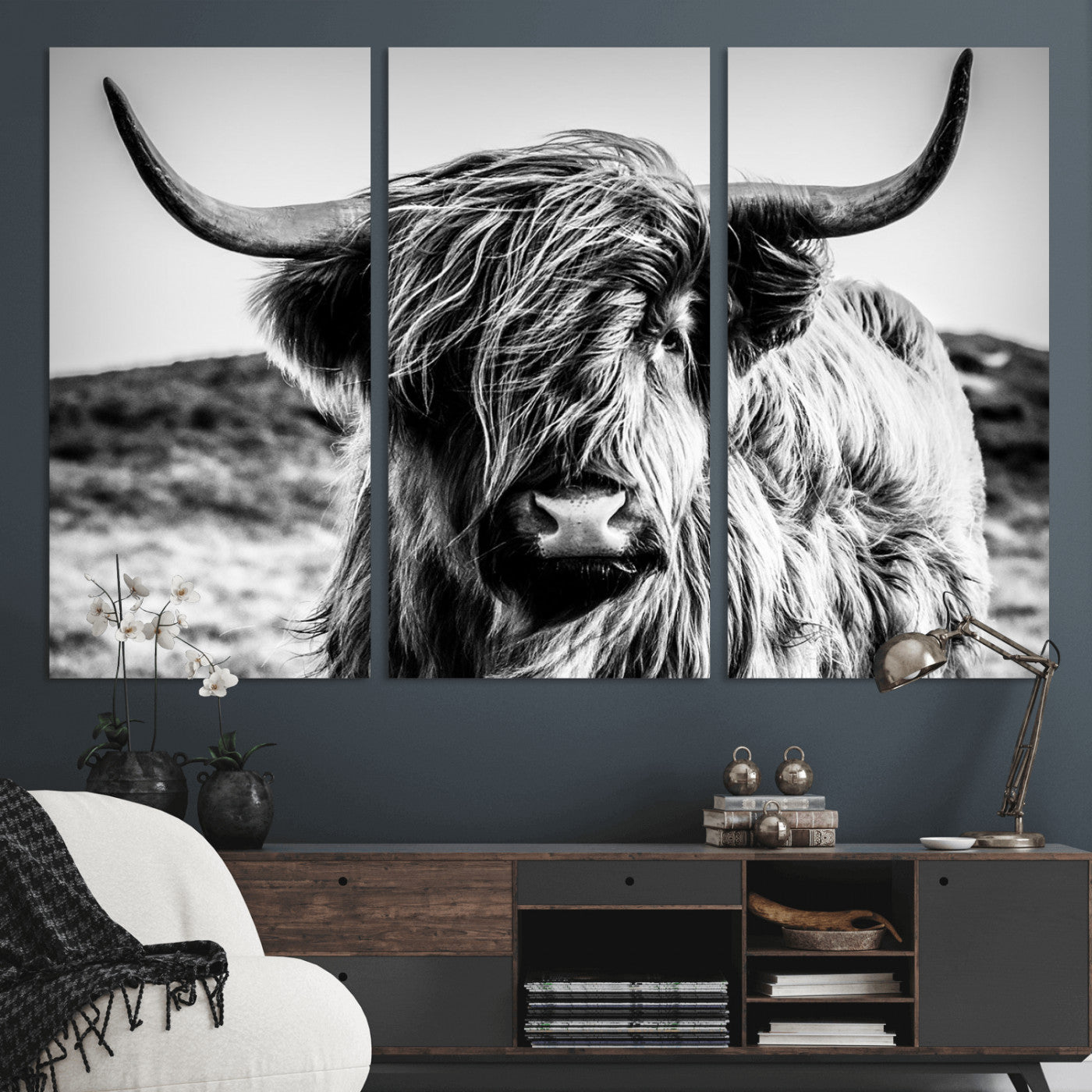 36979-MGV-CV-36X24-Striking black-and-white portrait of a Highland cow with flowing fur and majestic horns, perfect for rustic and elegant home or