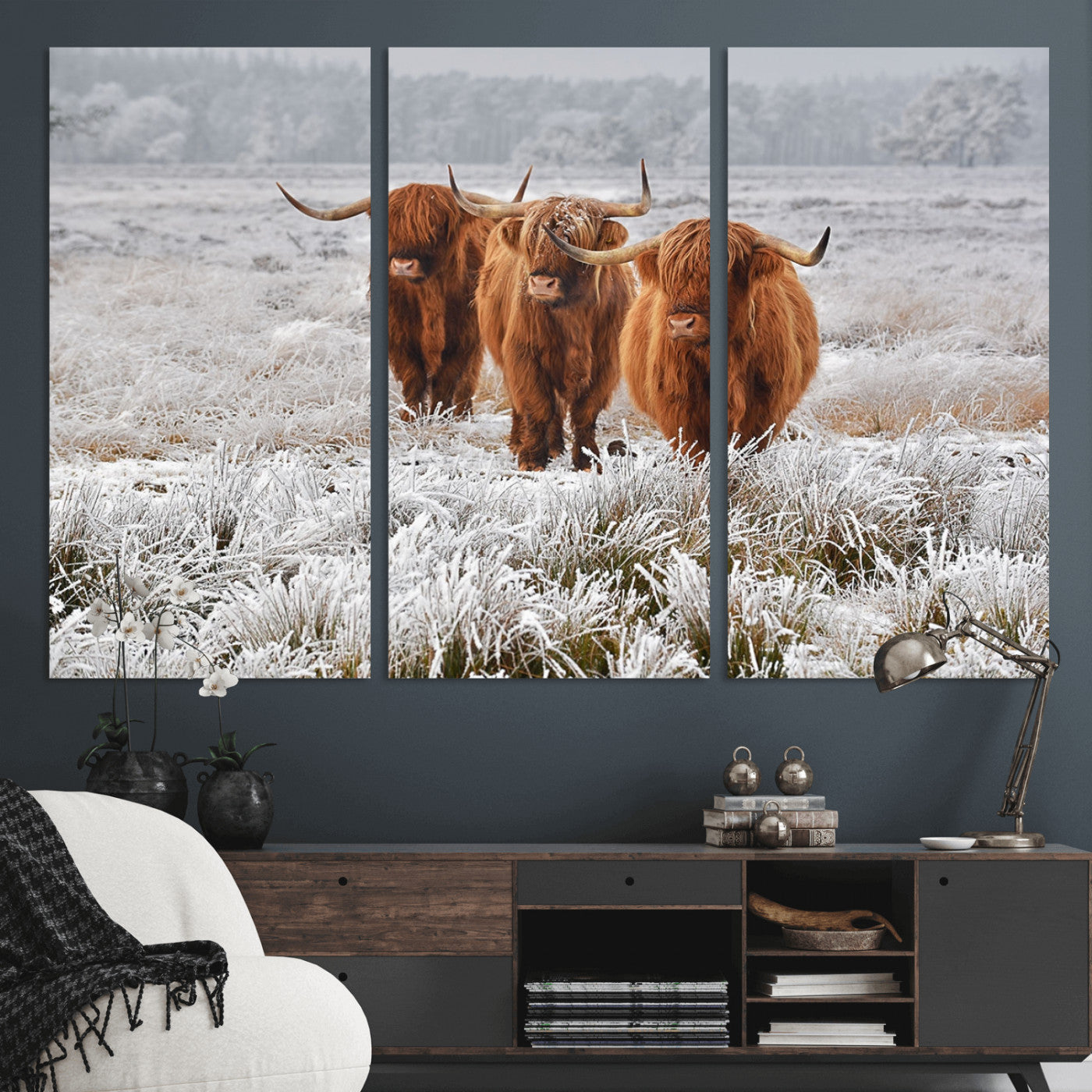 10396-MGV-CV-36X24-Highland Cattle Wall Art – Rustic Winter Landscape Canvas Print, Farmhouse Decor for Living Room, Office, Cabin or Country Home