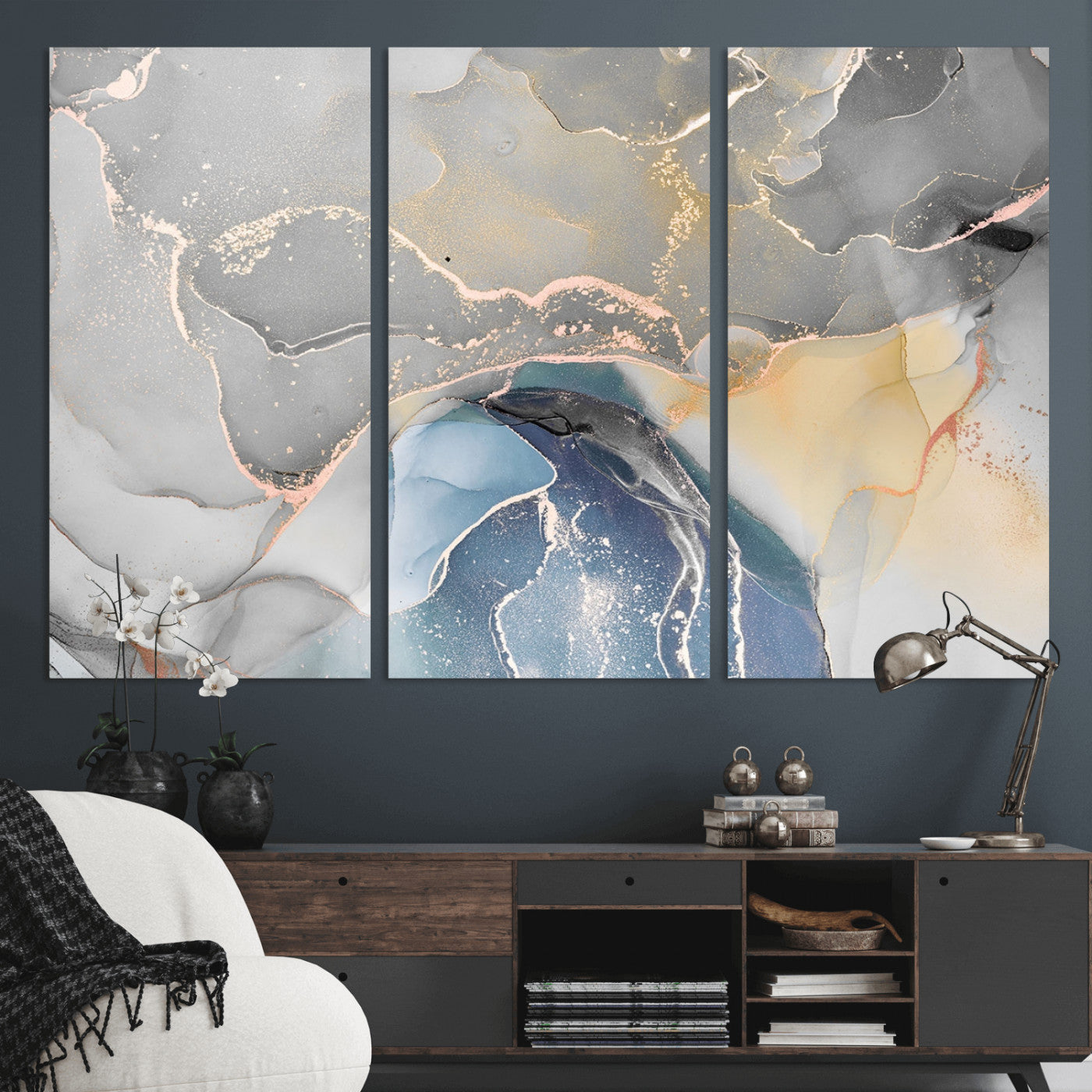 63211-MGV-CV-36X24-Abstract Fluid Art Wall Decor – Blue, Gray & Gold Canvas Print, Modern Home and Office Wall Art Decor for Living Room, Bedroom or