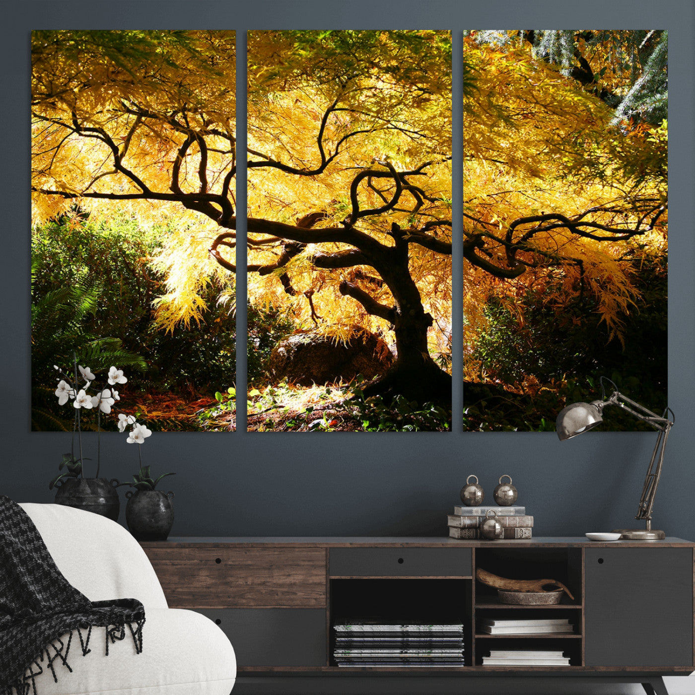 19067-MGV-CV-48X32-3P-Golden Canopy Wall Art – Panoramic Autumn Tree Canvas Print, Warm Seasonal Decor for Living Room, Office or Garden Space