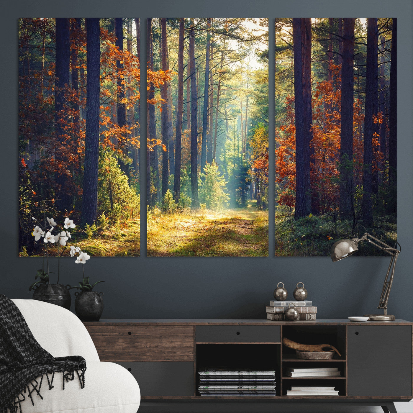 86249-MGV-CV-36X24-Sunlit Autumn Forest Path Wall Art – Peaceful Nature Scene with Fall Foliage, Calming Woods Decor for Home or Office
