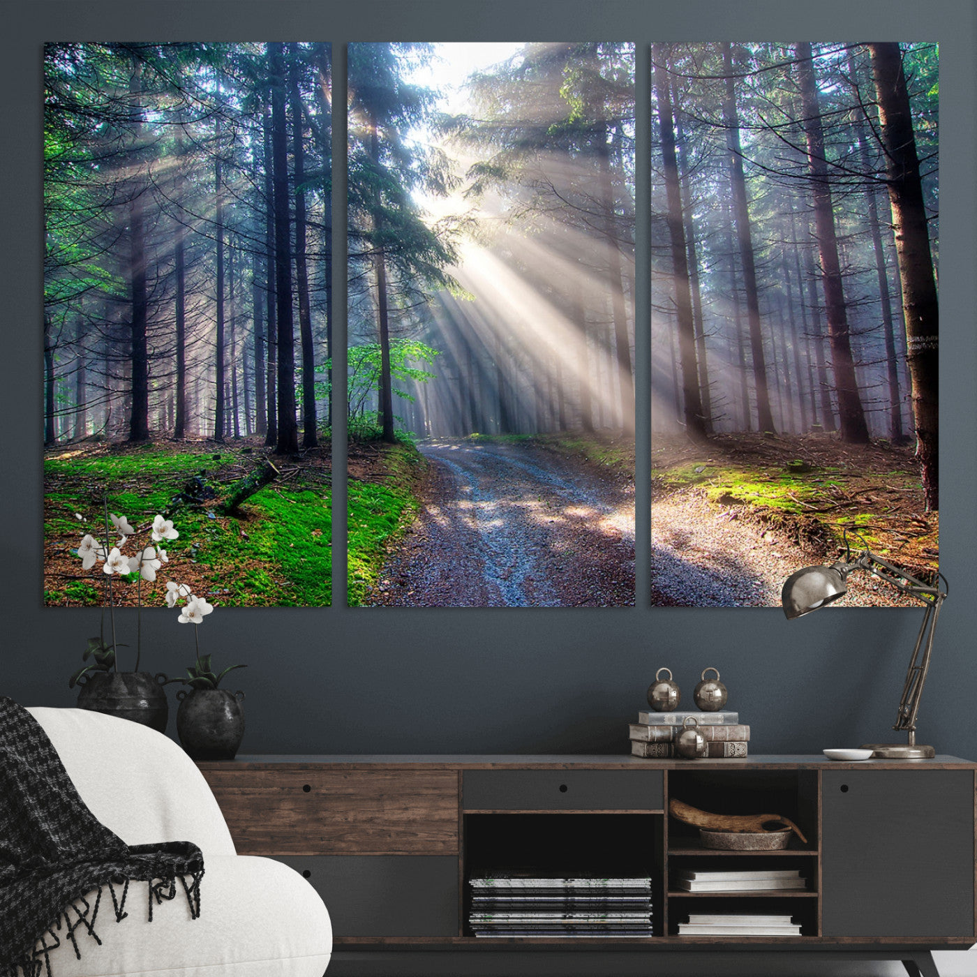 42047-MGV-CV-36X24-Sunlit Forest Path Wall Art – Nature Canvas Print, Serene Woodland Landscape, Perfect Home & Office Decor for Calm and Tranquil