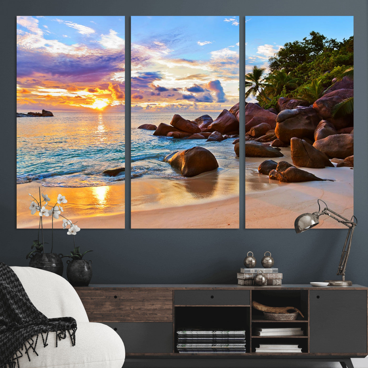 43209-MGV-CV-36X24-Tropical Beach Sunset Wall Art – Golden Ocean Waves and Palm Trees with Rocky Shore Canvas Print, Coastal Seascape Decor for