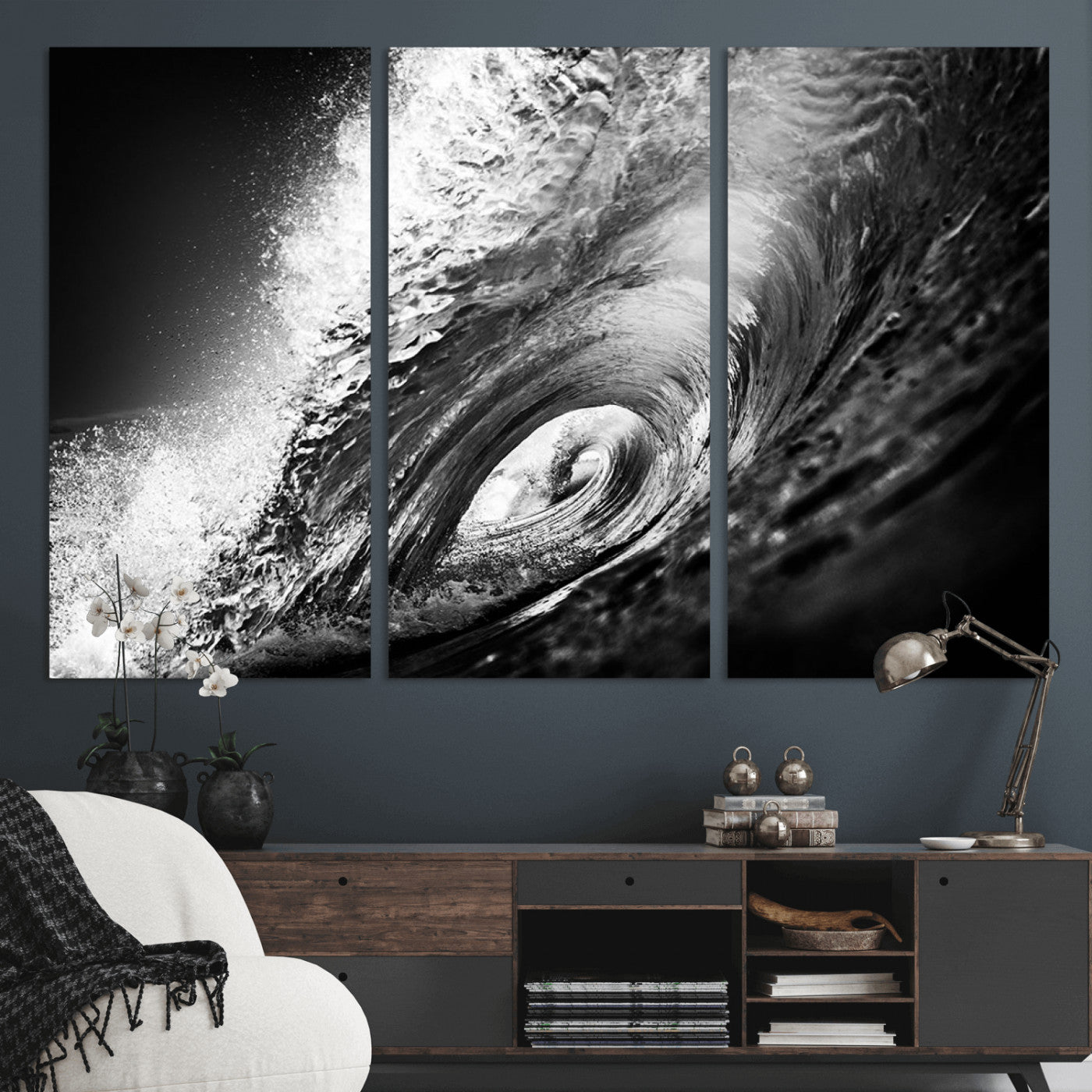 22702-MGV-CV-36X24-Black and White Ocean Wave Wall Art – Powerful Surf Curl Photography Canvas Print, Modern Coastal Decor for Living Room, Office or