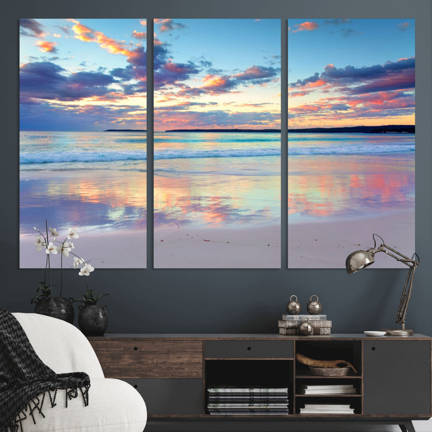 56723-MGV-CV-36X24-Serene Sunset Beach Wall Art – Panoramic Coastal Canvas Print, Peaceful Ocean Reflection Decor for Living Room, Bedroom or Office
